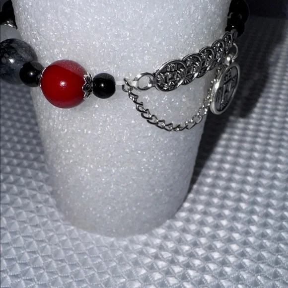 BOHO Bracelet Asian Coin Glass Bead Silver Detail Chain Stretch 6”- 6.5” New - Picture 13 of 16